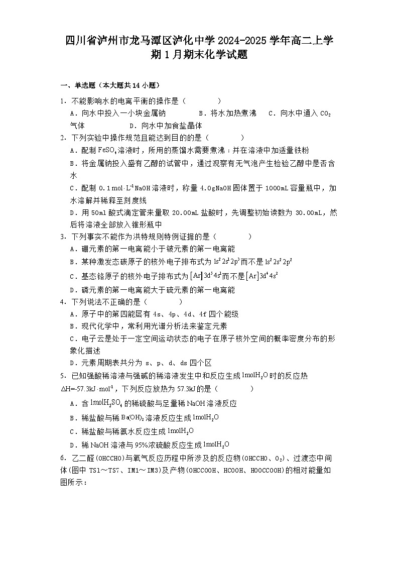 四川省泸州市龙马潭区泸化中学2024-2025学年高二上学期1月期末化学试题第1页