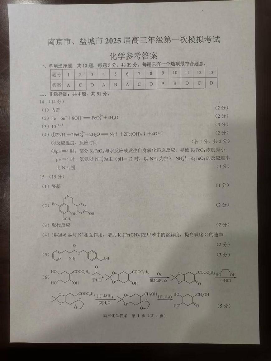 江苏南京、盐城2025届高三下学期一模化学答案第1页