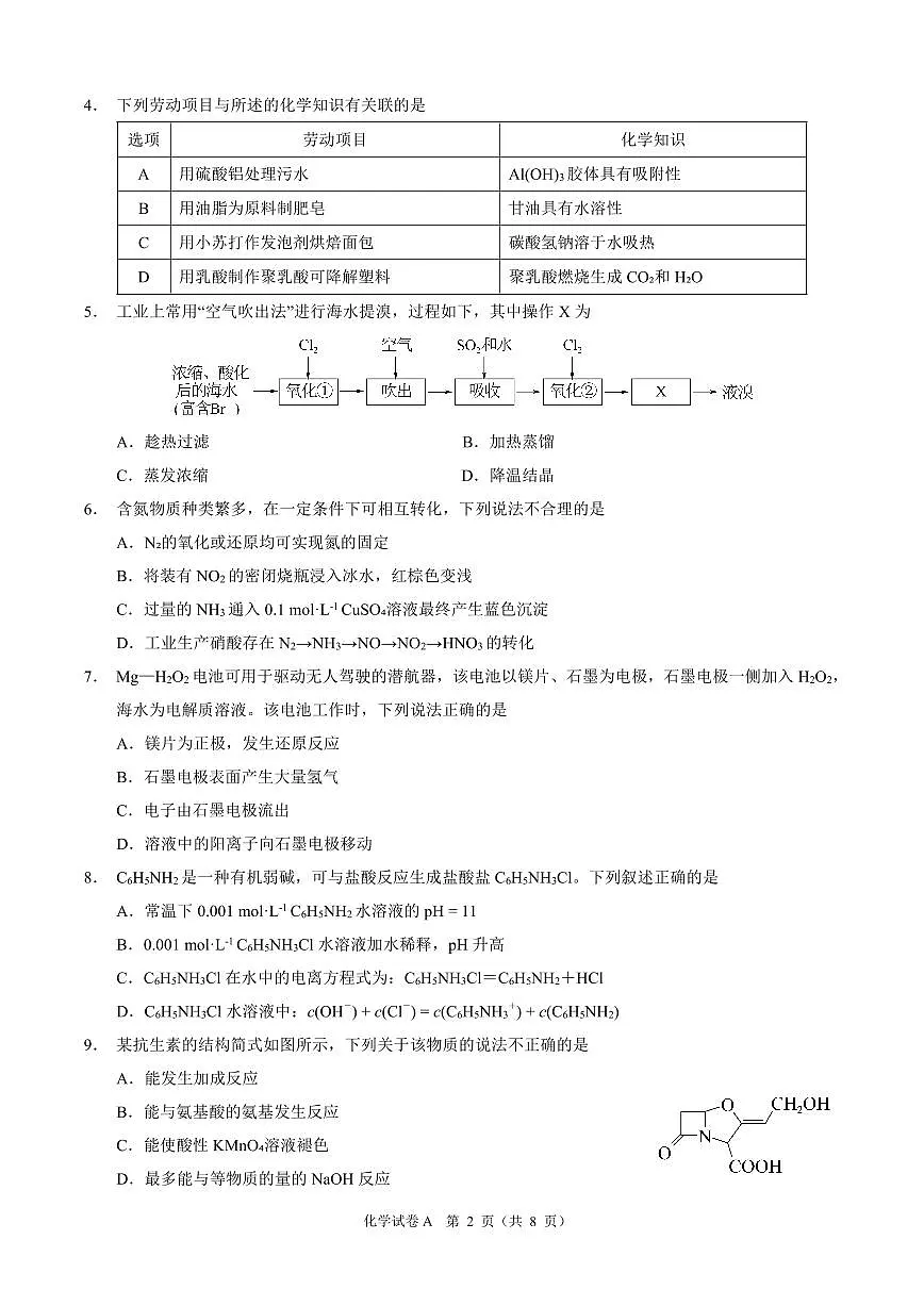 2025届广东省广州市一模高三毕业班综合测试（一） 化学试题（含答案）第2页