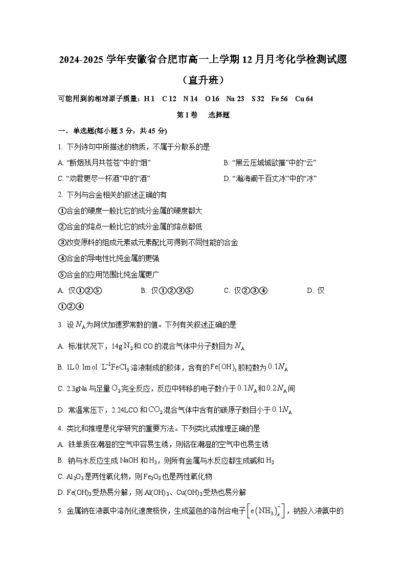 2024-2025学年安徽省合肥市高一上学期12月月考化学检测试题（直升班）附答案第1页