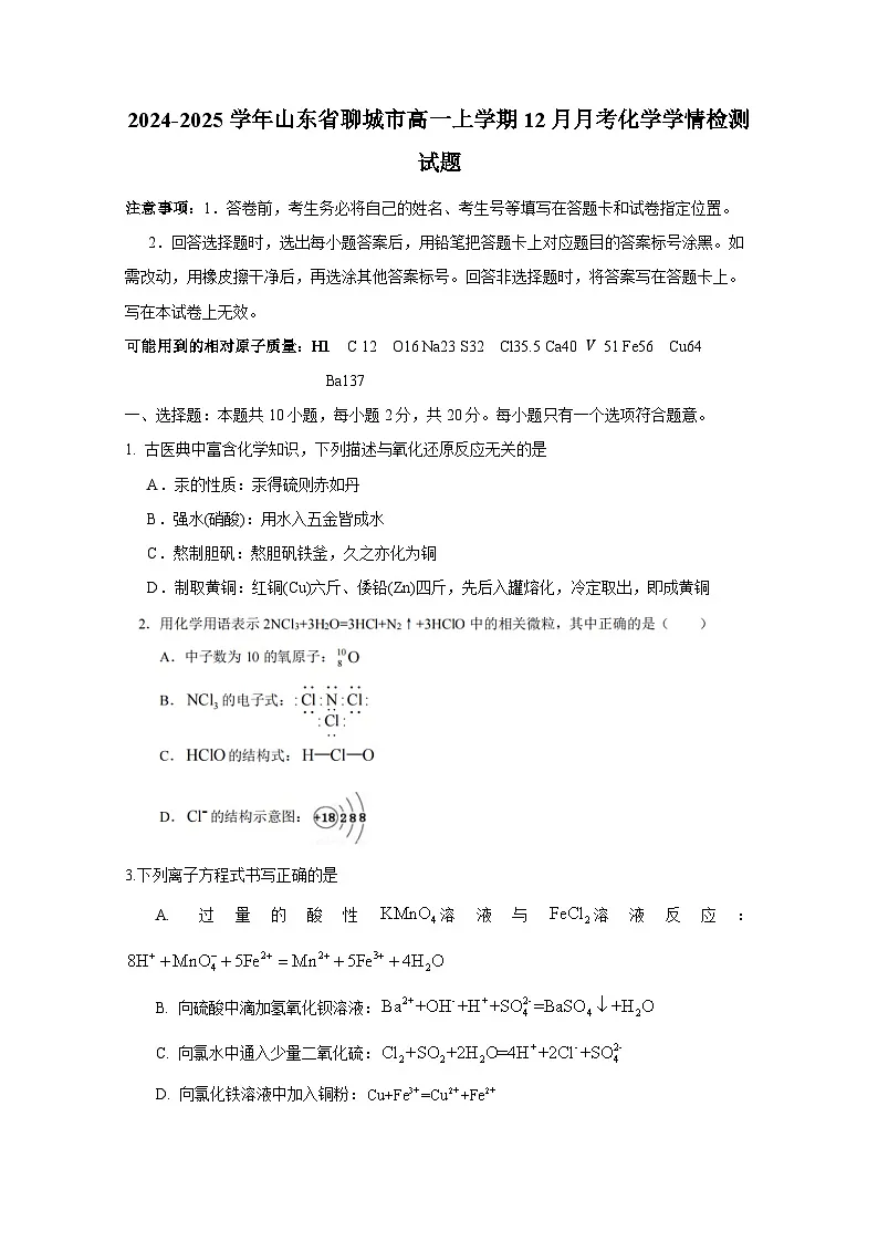 2024-2025学年山东省聊城市高一上学期12月月考化学学情检测试题（附答案）第1页