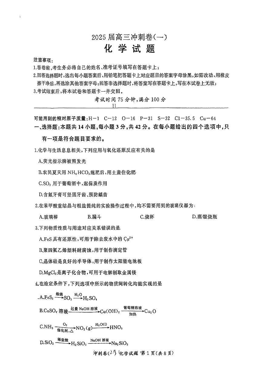 2025年百师联盟高三下学期3月冲刺卷（一）化学试题第1页
