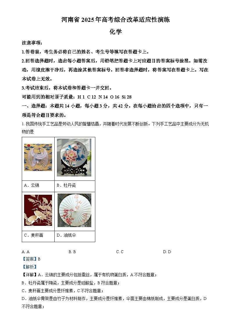 2025年1月河南省普通高等学校招生考试适应性测试（八省联考）化学试题Word版含解析第1页