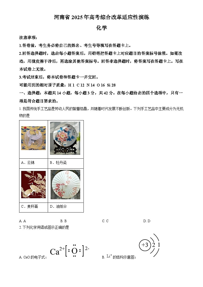 2025年1月河南省普通高等学校招生考试适应性测试（八省联考）化学试题Word版无答案第1页