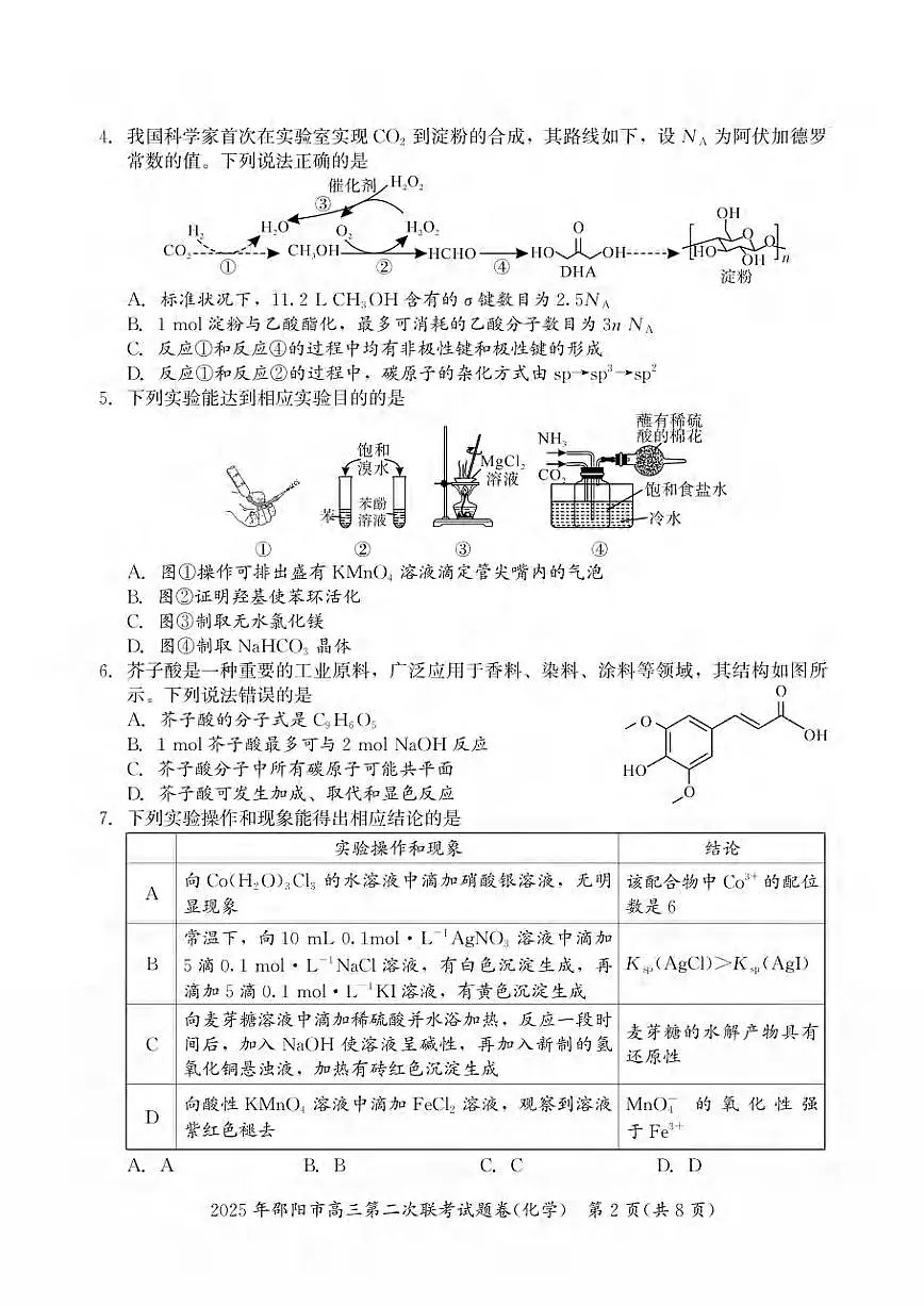 化学丨湖南省邵阳市2025届高三下学期3月第二次联考化学试卷及答案第2页
