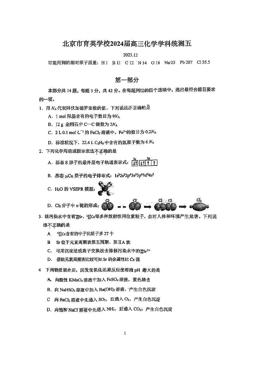 2024届北京育英学校高三12月统练（五）化学试题（含答案）第1页
