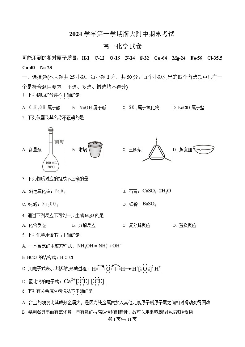 浙江省杭州市西湖区浙江大学附属中学玉泉、丁兰2024-2025学年高一上学期期末考试化学试题  Word版无答案第1页