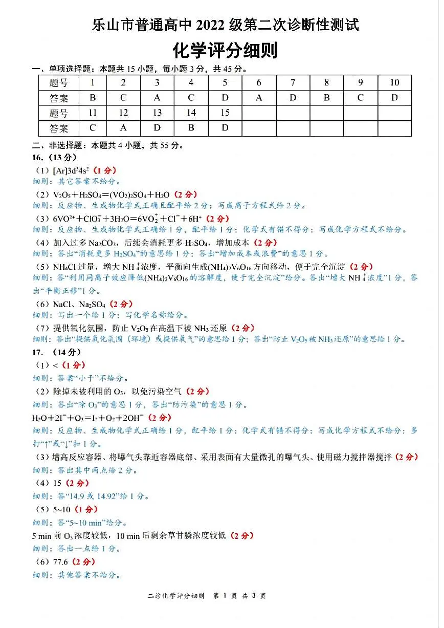 四川省乐山市，自贡市，宜宾市2025届高三第二次诊断性考试化学答案第1页
