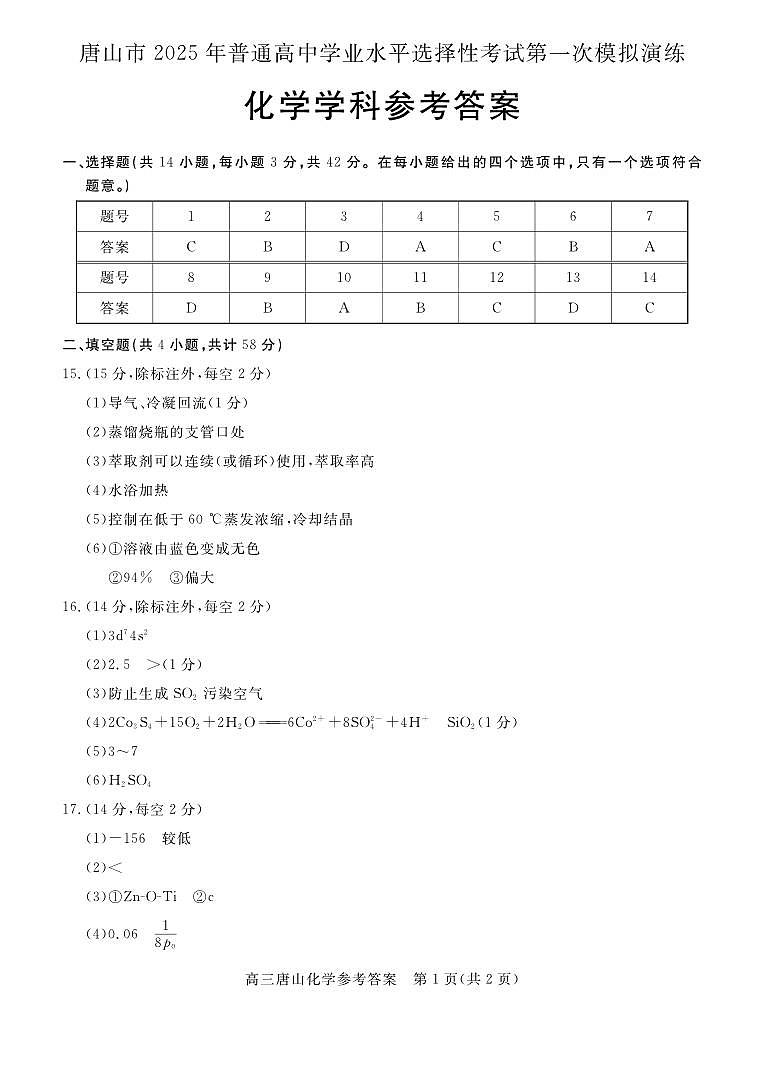唐山高三一模化学答案第1页