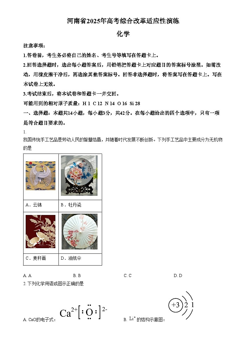 2025年1月河南省普通高等学校招生考试适应性测试（八省联考）化学试题  Word版无答案第1页