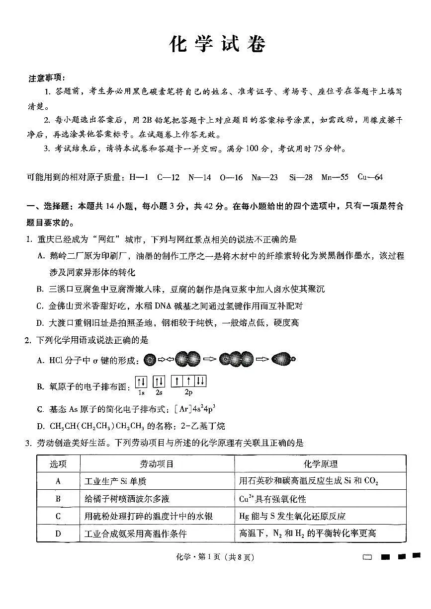 重庆市第八中学2025届高考适应性月考卷（二）化学第1页