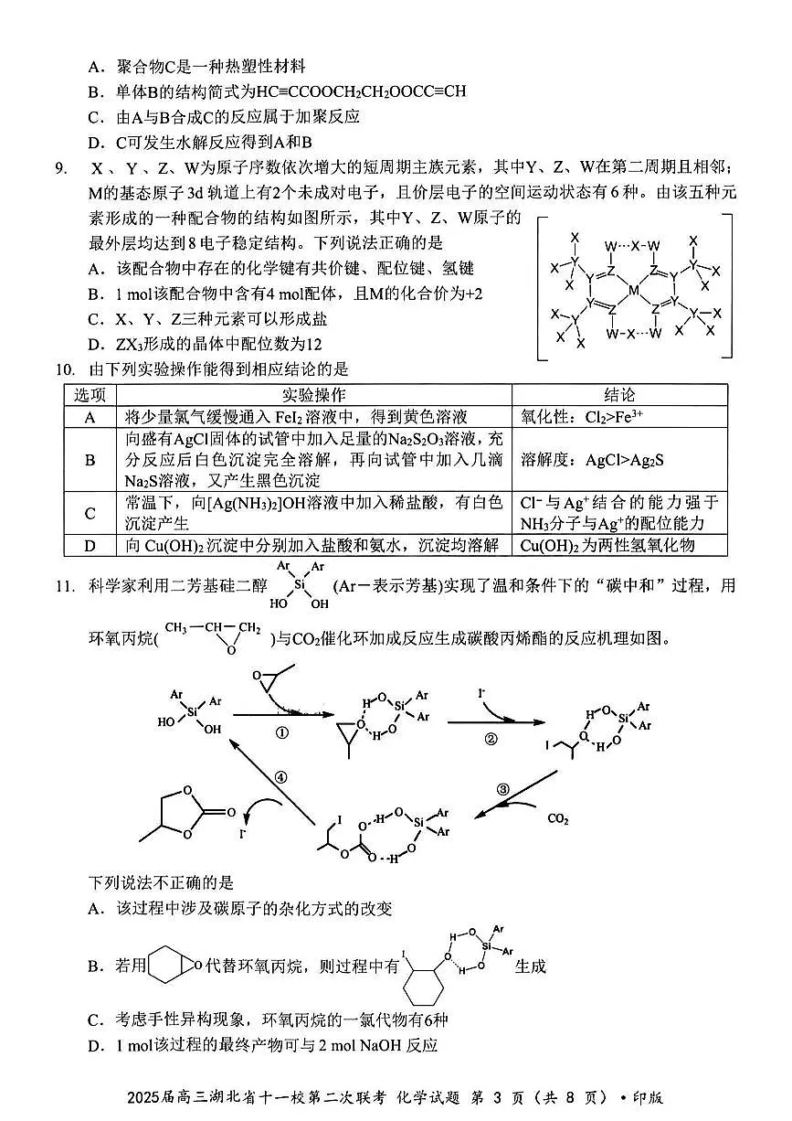 2025届湖北省十一校（襄阳五中、武汉二中、黄冈中学等）高三第二次联考 化学试题+答案第3页