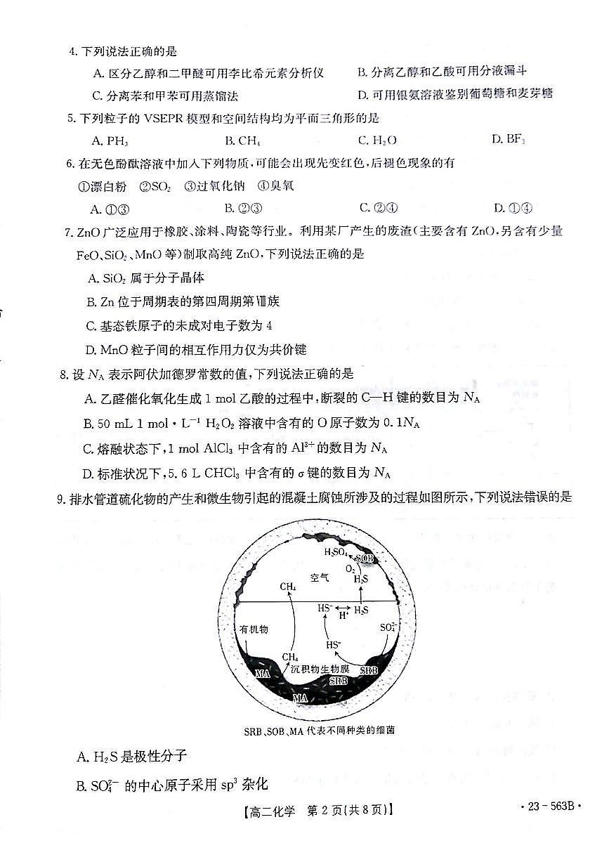 2024届甘肃高二下学期期末考试 化学试卷（含答案）第2页
