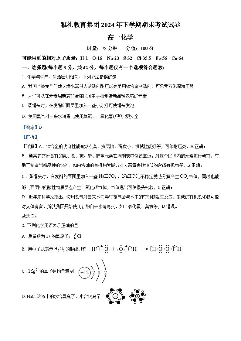 湖南省长沙市雅礼教育集团2024-2025学年高一上学期期末考试化学试题 含解析第1页