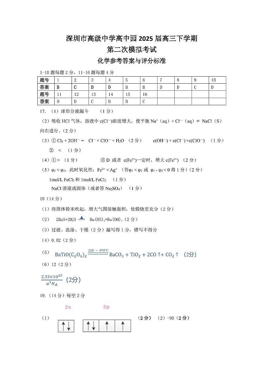 深圳高级中学高中园2025届高三下学期第二次模拟考试化学答案第1页