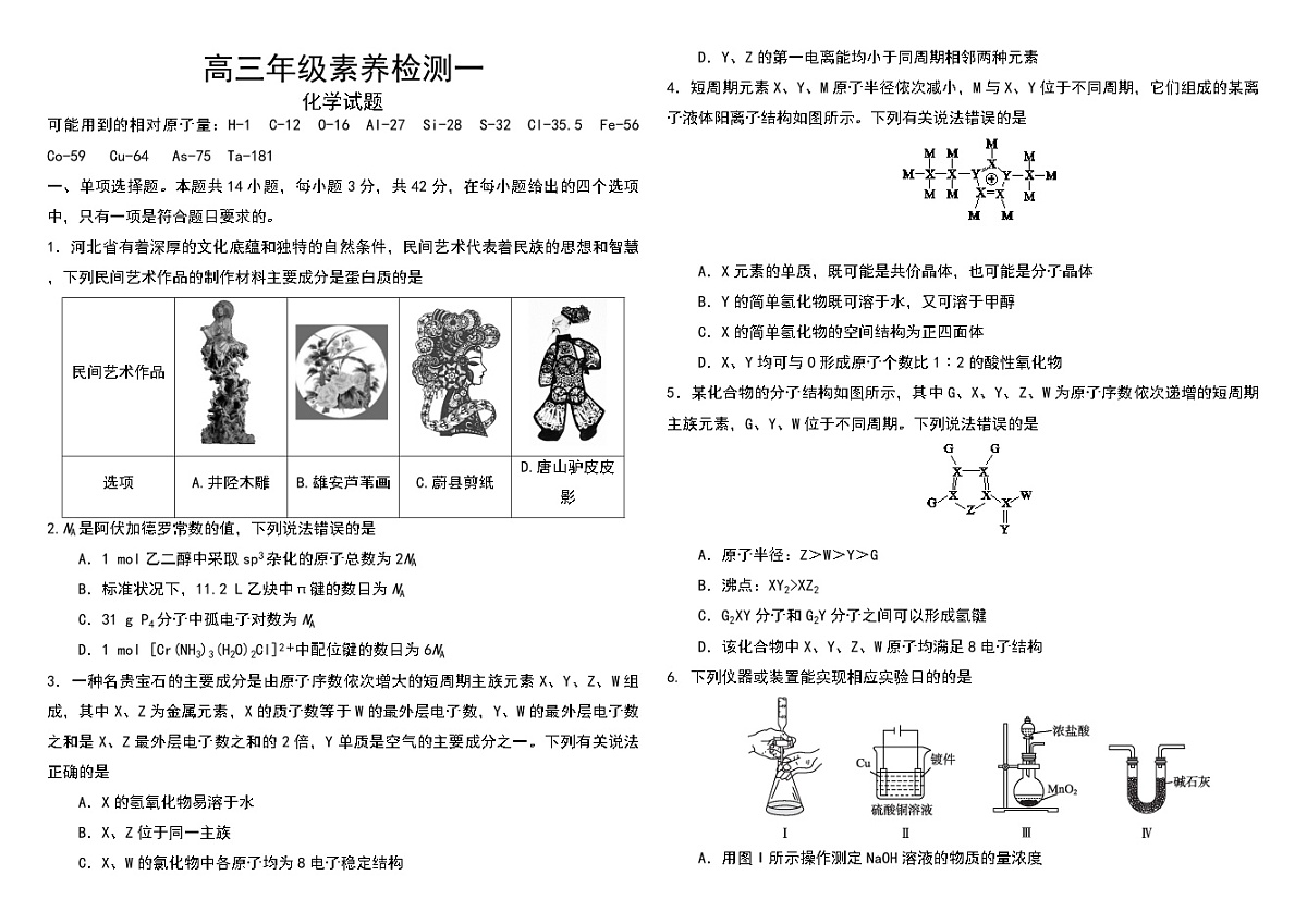 河北省衡水市第二中学2024-2025学年高三上学期素养检测（一）化学  含解析第1页