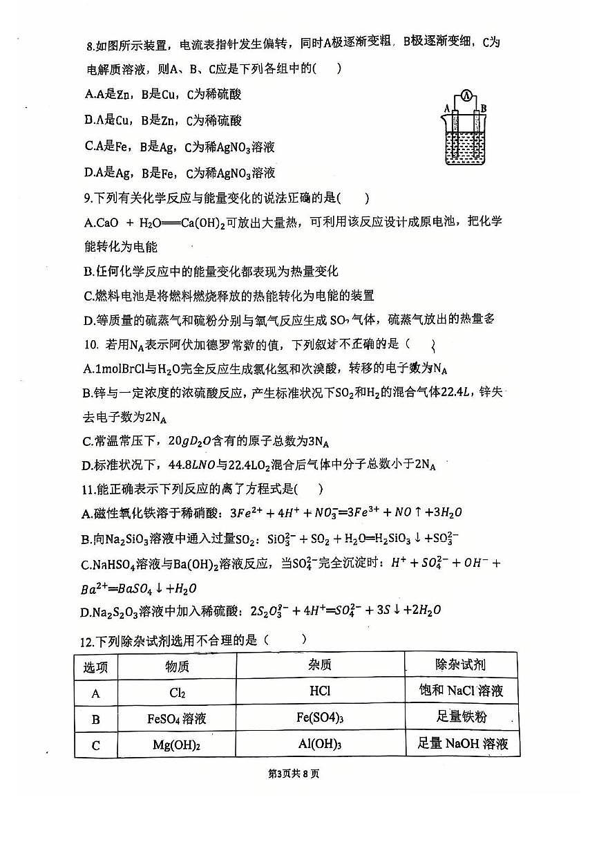 广东省东莞市虎门外语学校2024-2025学年高一下学期第一次月考 化学试题第3页