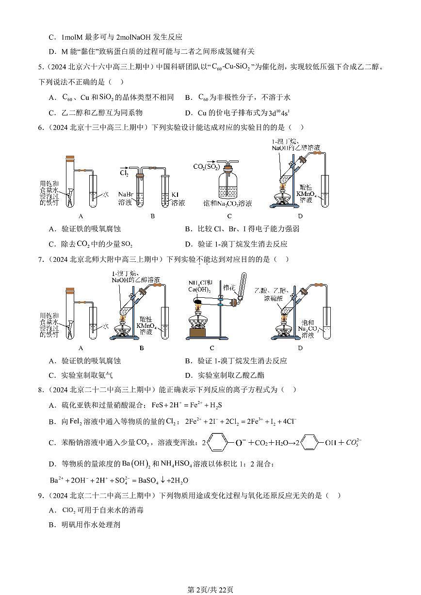 2024北京重点校高三（上）期中真题化学汇编：烃衍生物章节综合（选择题）第2页