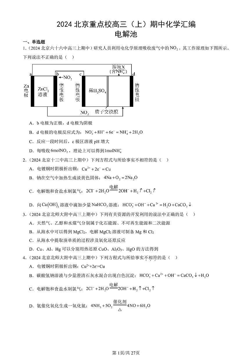 2024北京重点校高三（上）期中真题化学汇编：电解池第1页