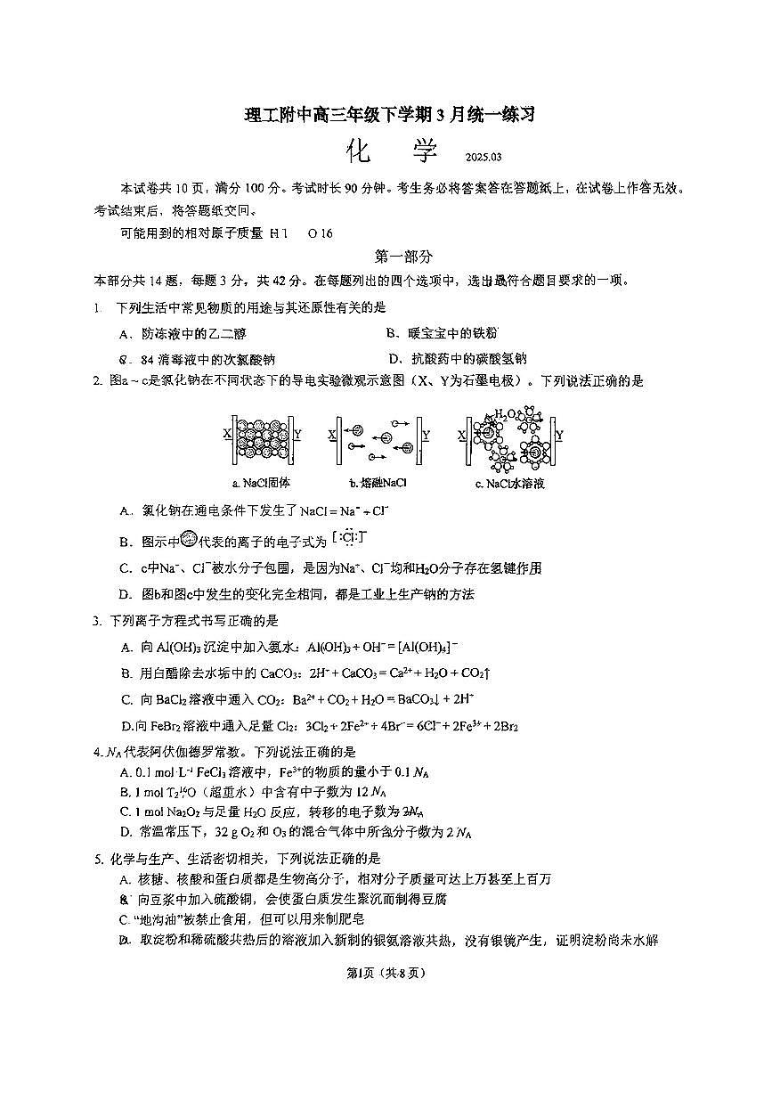 2025北京理工大附中高三下学期3月月考化学试卷第1页