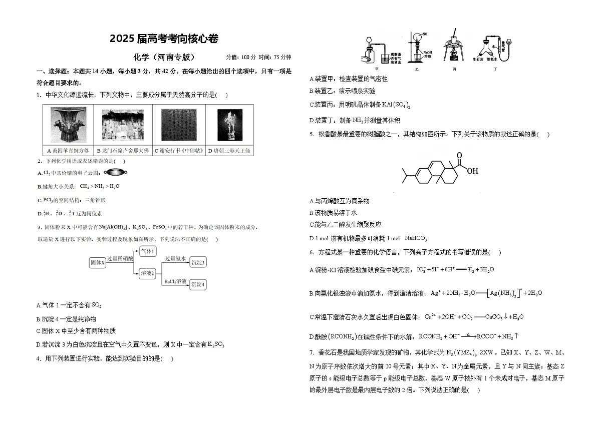 2025届高考化学考向核心卷 河南专版1（word版）第1页