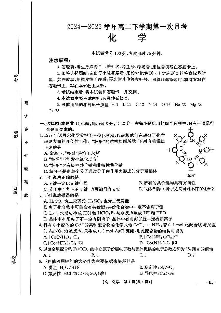 河南省新乡市大联考2024-2025学年高二下学期3月月考 化学试题第1页