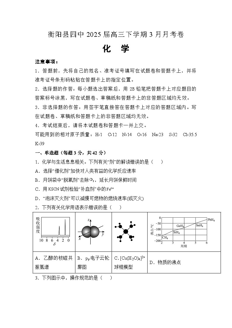 湖南省衡阳市衡阳县第四中学2024-2025学年高三下学期3月月考 化学试题（含解析）第1页