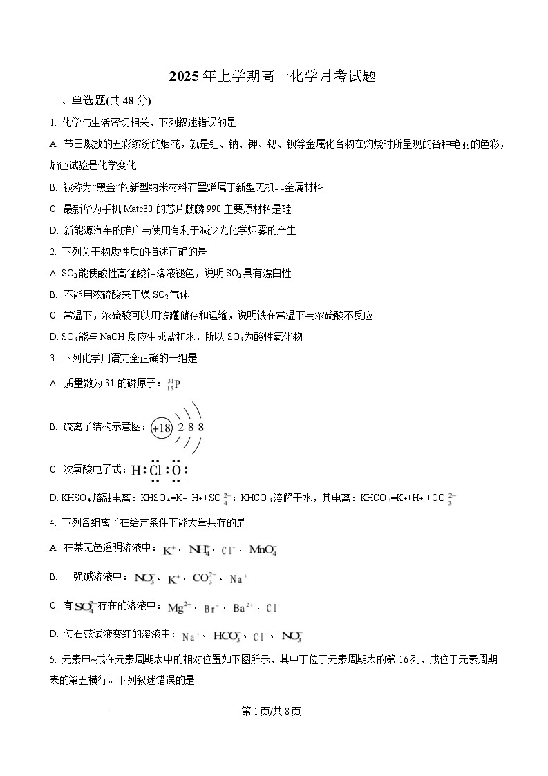湖南省岳阳市岳阳县第一中学2024-2025学年高一下学期3月月考 化学试题（原卷版）第1页