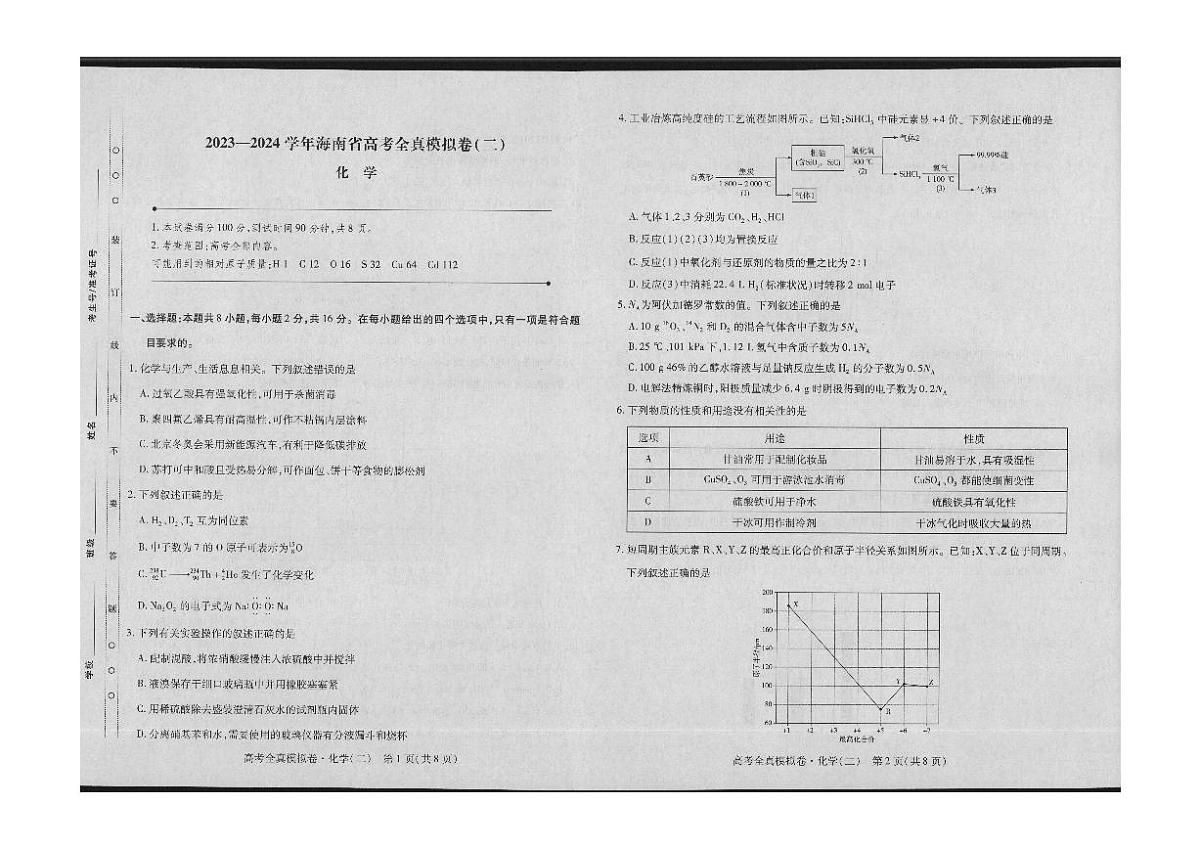 2024届海南省高考全真模拟卷（二）-化学试题（含答案）第1页