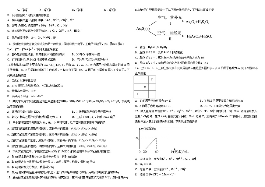 黑龙江省哈尔滨市师范大学附属中学2024-2025学年高一上学期期末考试化学试题 Word版无答案第2页