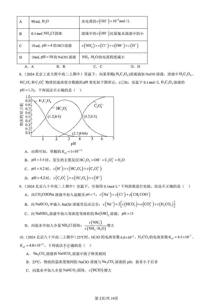 2024北京重点校高二（上）期中真题化学汇编：弱电解质的电离 盐类的水解（鲁科版）（选择题）2第2页