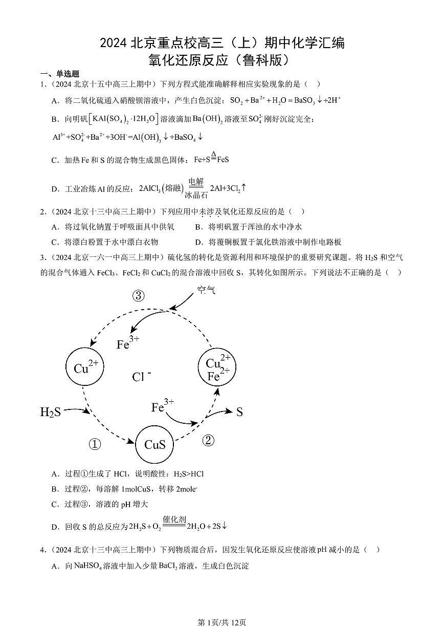 2024北京重点校高三（上）期中真题化学汇编：氧化还原反应（鲁科版）第1页
