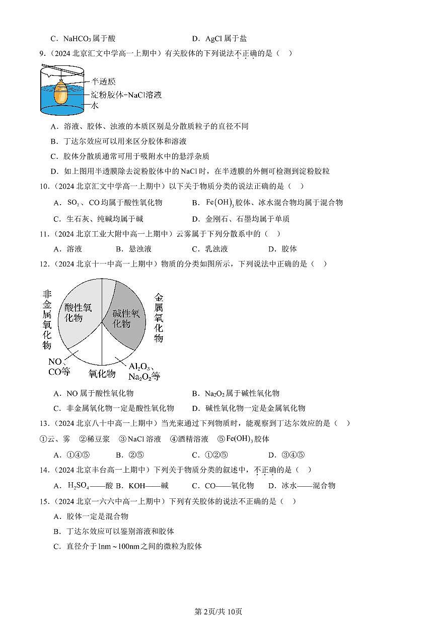 2024北京重点校高一（上）期中真题化学汇编：元素与物质分类（鲁科版）2第2页