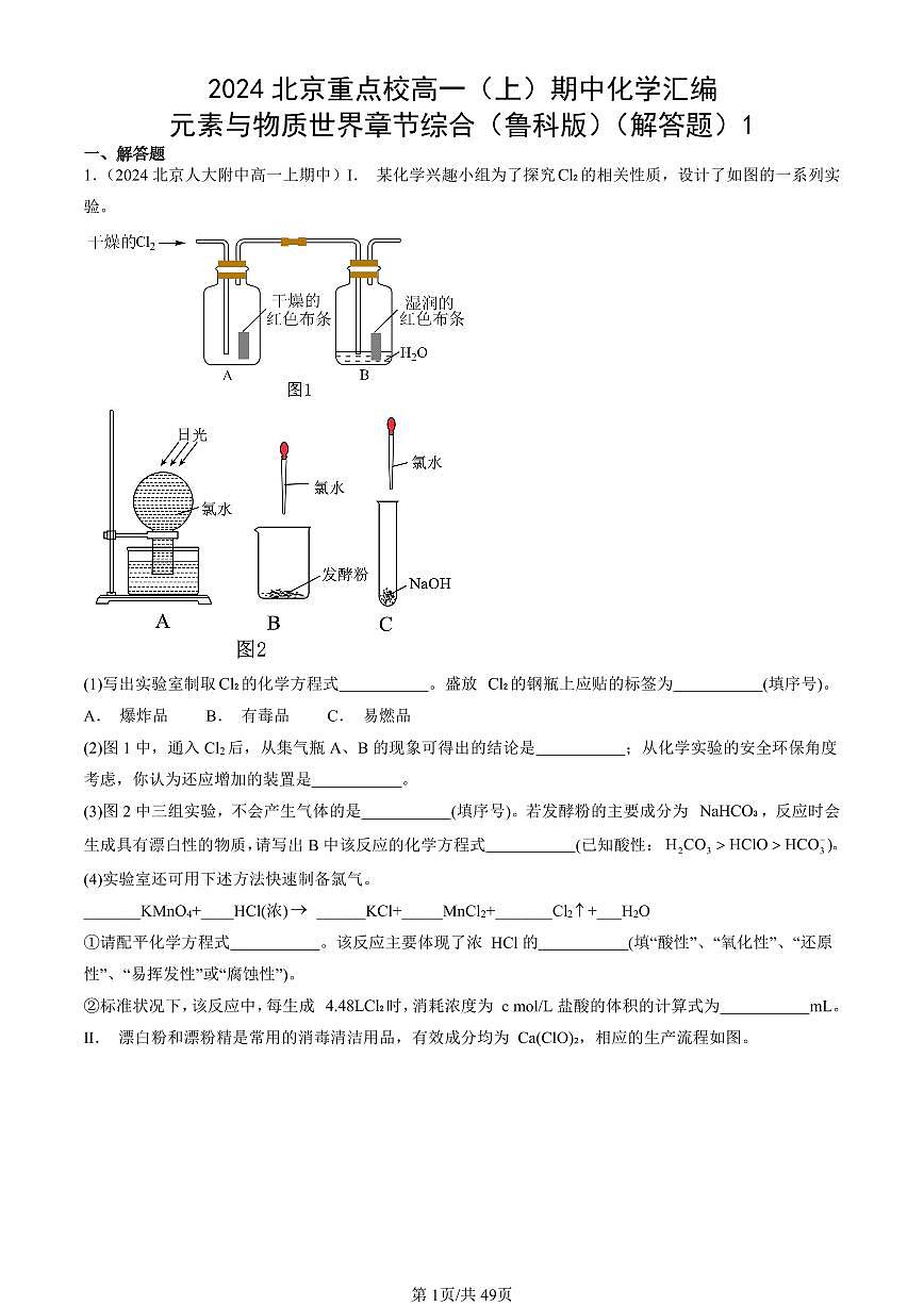 2024北京重点校高一（上）期中真题化学汇编：元素与物质世界章节综合（鲁科版）（解答题）1第1页