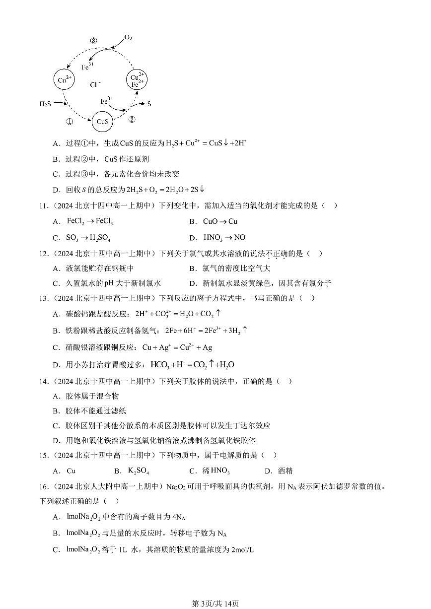 2024北京重点校高一（上）期中真题化学汇编：元素与物质世界章节综合（鲁科版）（选择题）1第3页