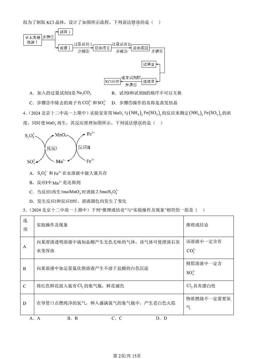 2024北京重点校高一（上）期中真题化学汇编：元素与物质世界章节综合（鲁科版）（选择题）3第2页