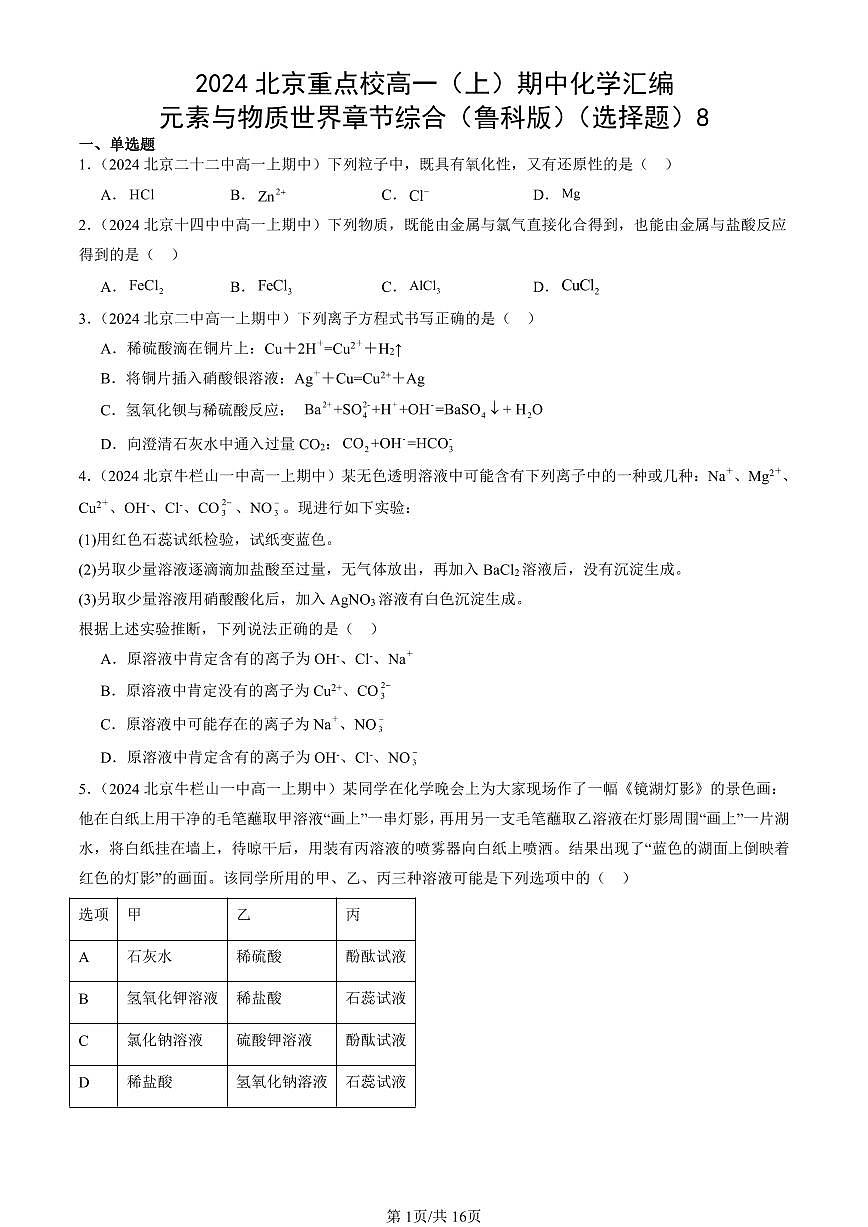 2024北京重点校高一（上）期中真题化学汇编：元素与物质世界章节综合（鲁科版）（选择题）8第1页