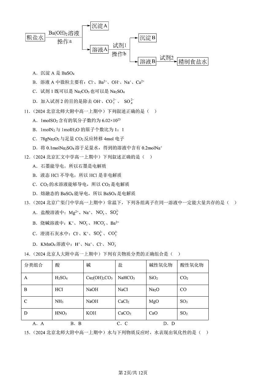 2024北京重点校高一（上）期中真题化学汇编：元素与物质世界章节综合（鲁科版）（选择题）11第2页