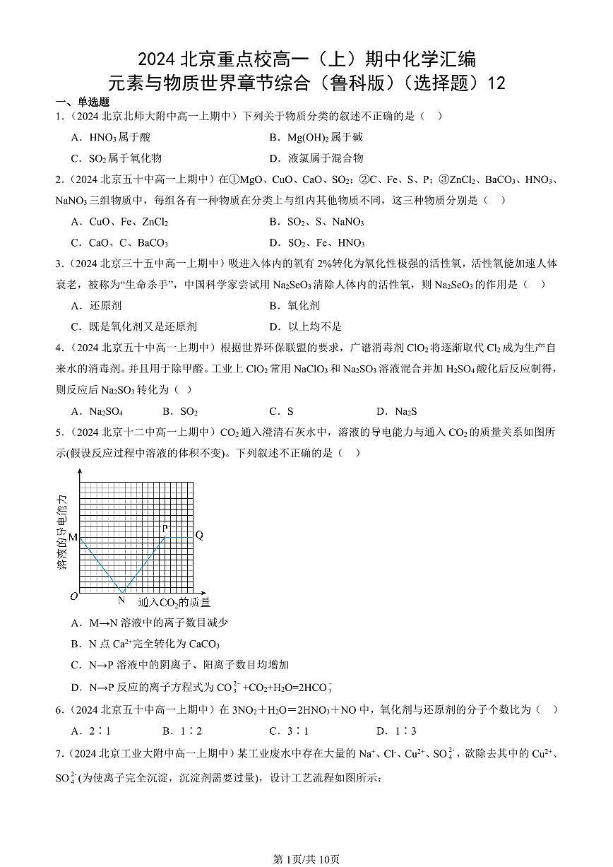 2024北京重点校高一（上）期中真题化学汇编：元素与物质世界章节综合（鲁科版）（选择题）12第1页