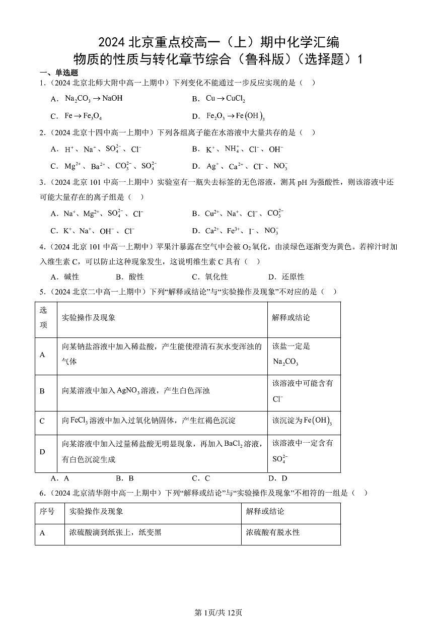 2024北京重点校高一（上）期中真题化学汇编：物质的性质与转化章节综合（鲁科版）（选择题）1第1页
