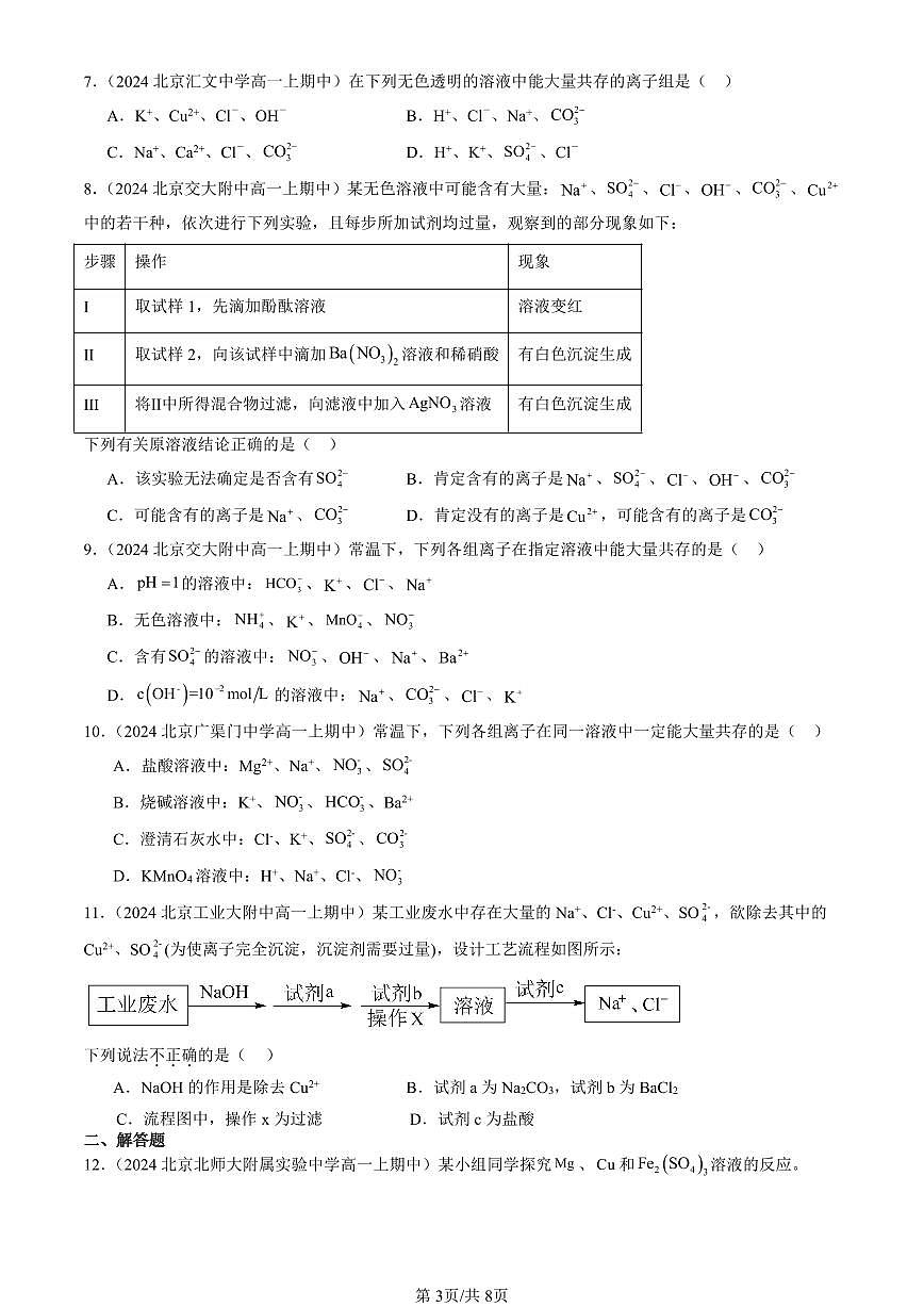 2024北京重点校高一（上）期中真题化学汇编：物质在水溶液中的行为章节综合（鲁科版）第3页