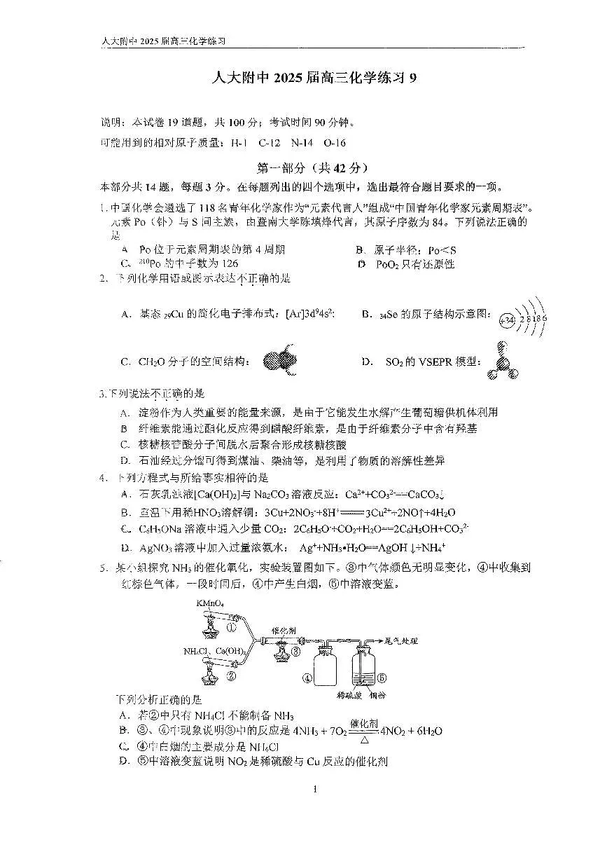 2025北京人大附中高三下学期统练九化学试卷第1页