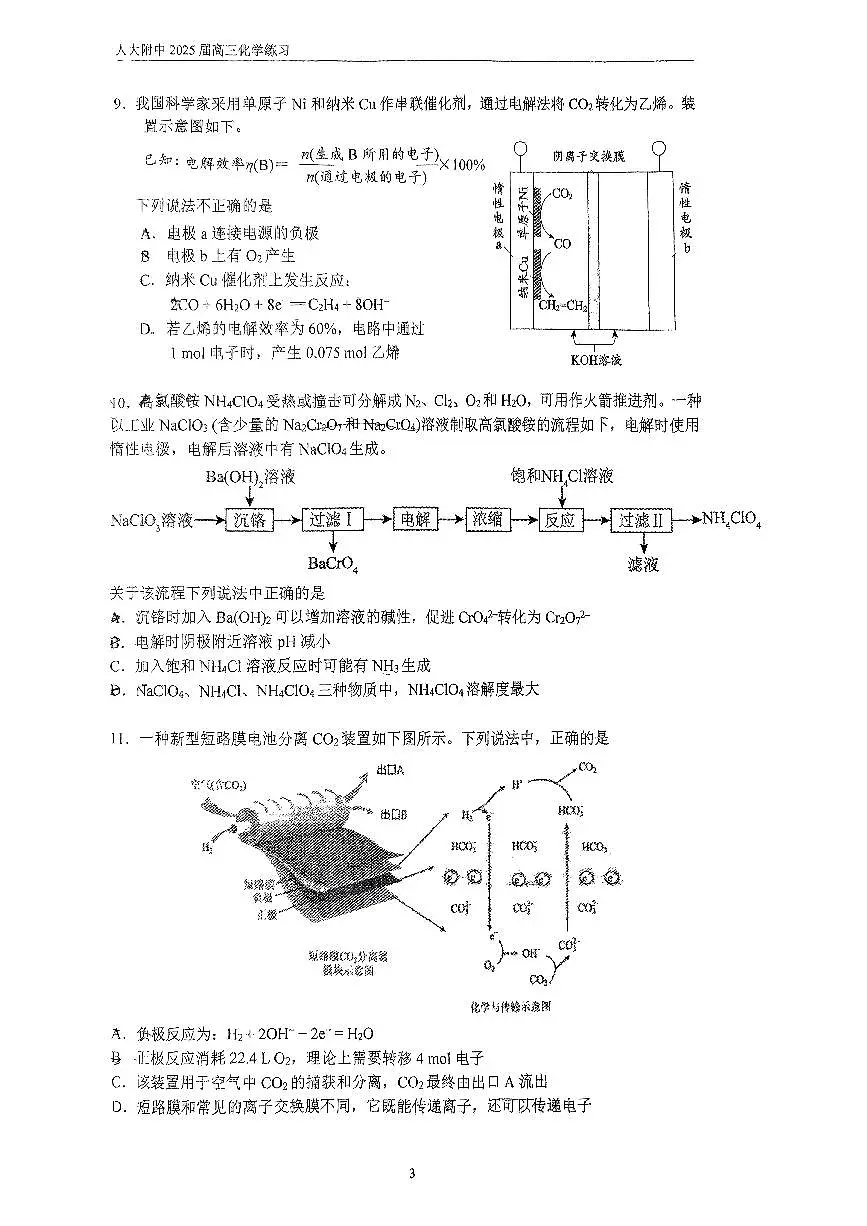 2025北京人大附中高三下学期统练九化学试卷第3页