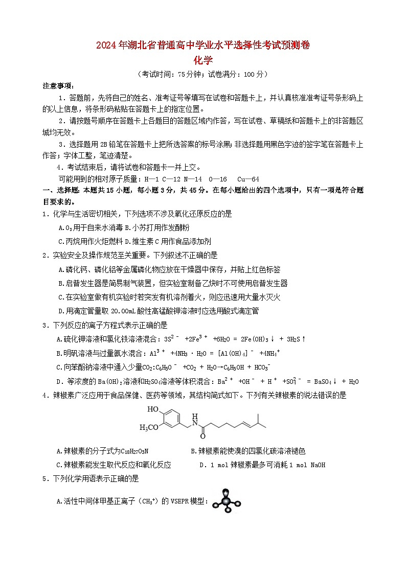 湖北省2024届高三化学下学期押题预测卷试题第1页