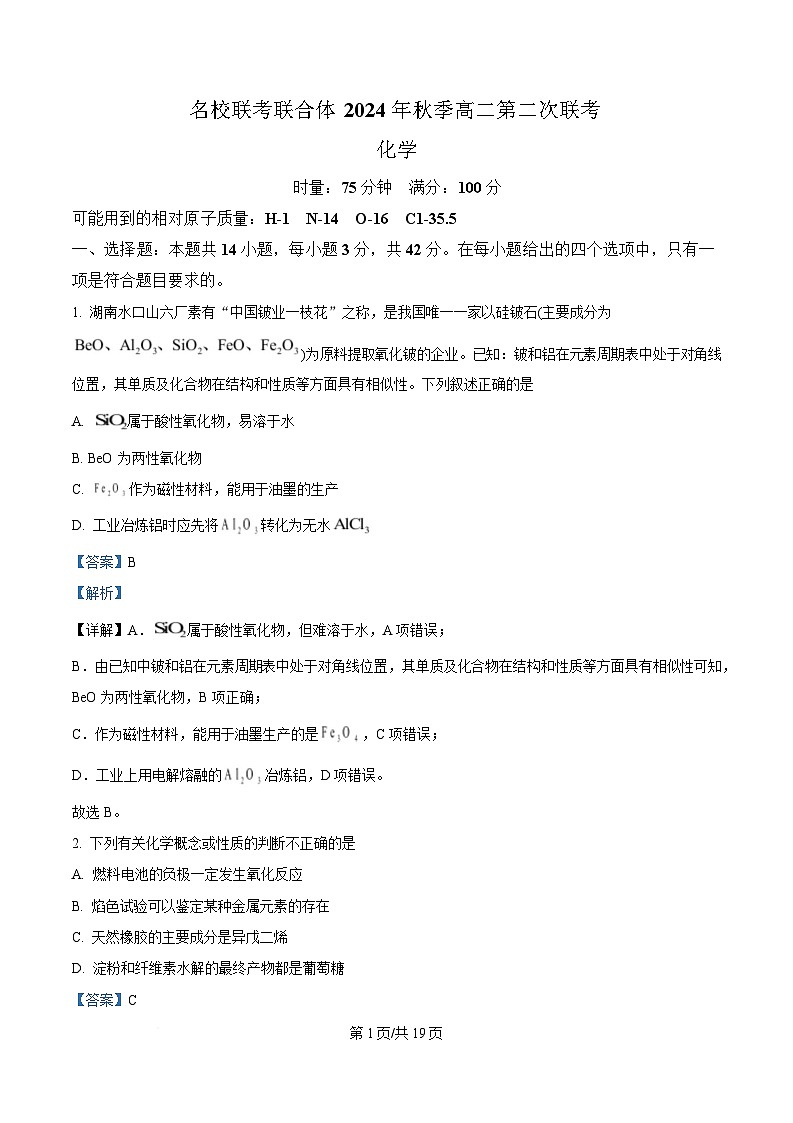 湖南省长沙市名校联考联合体2024-2025学年高二上学期第一次月考 化学试卷  Word版含解析第1页