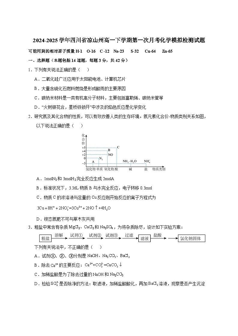 2024-2025学年四川省凉山州高一下册第一次月考化学模拟检测试题（附答案）第1页