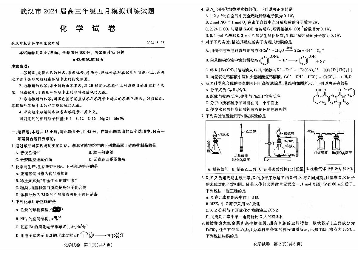 2024届湖北省武汉市高三5月模拟训练-化学试卷（含答案）第1页