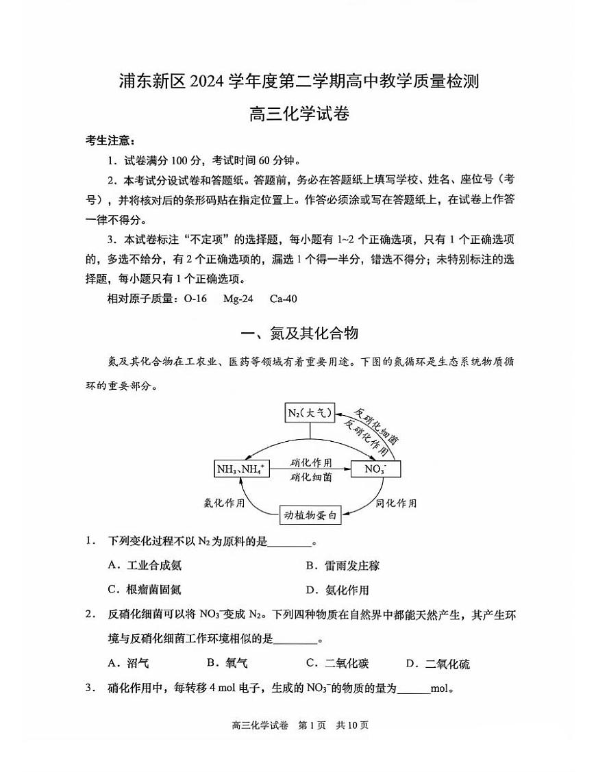 上海市浦东新区2025届高三高考模拟第二次模拟-化学试卷+答案第1页