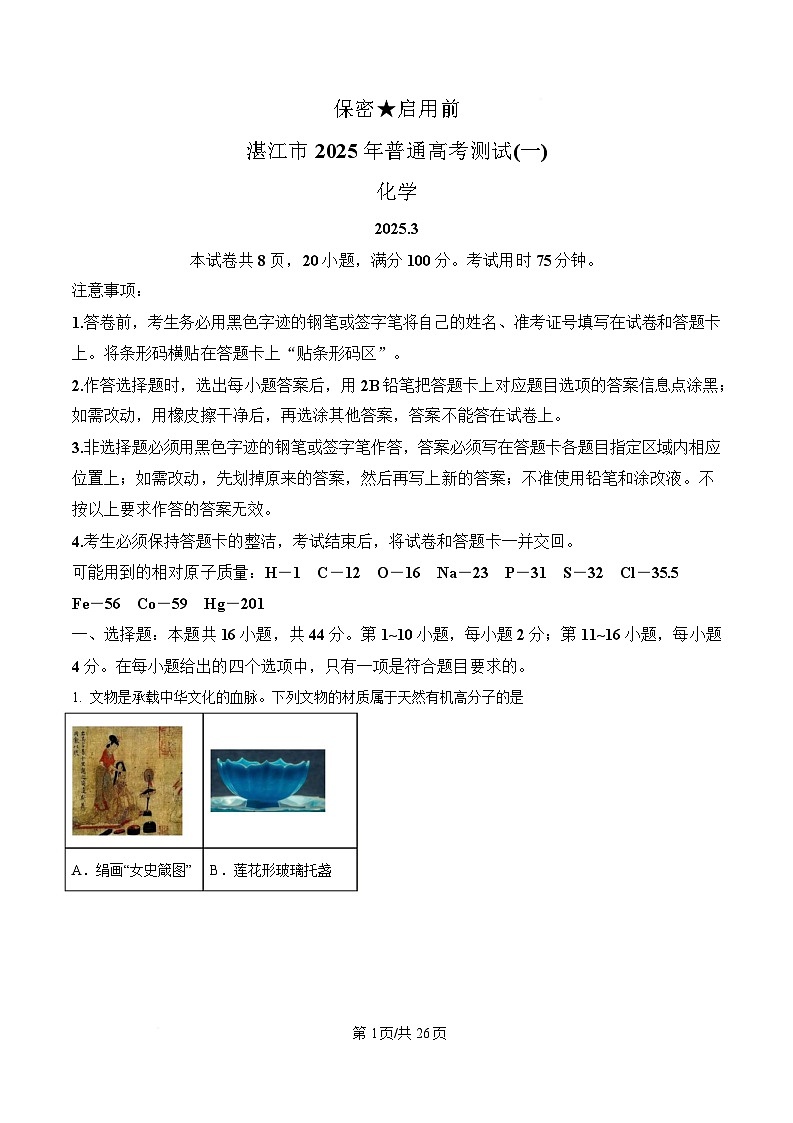 广东省湛江市2025届高三下学期第一次调研考试化学试卷 含解析第1页