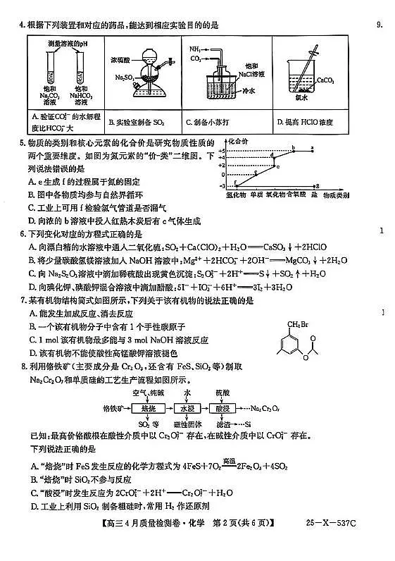 2025届山西三晋卓越联盟高三4月联考化学试题（含答案）第2页